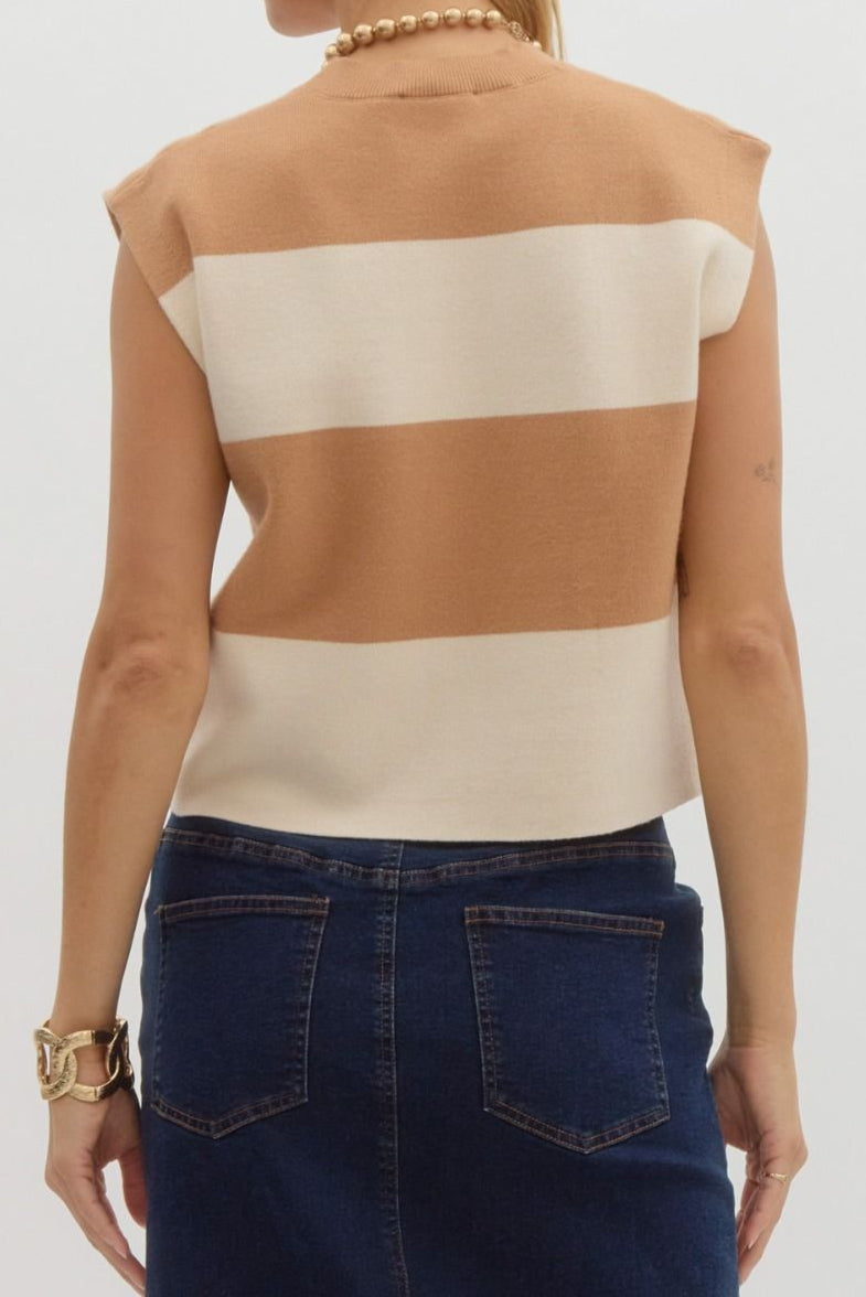 Tan Striped Sleeveless Sweater