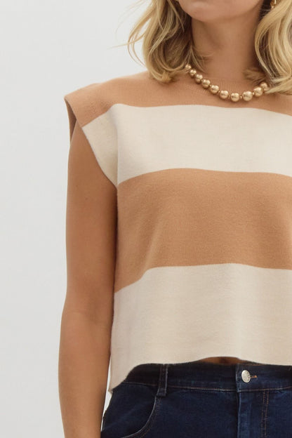 Tan Striped Sleeveless Sweater