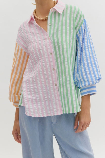 Multi-Colored Striped Button Down Top