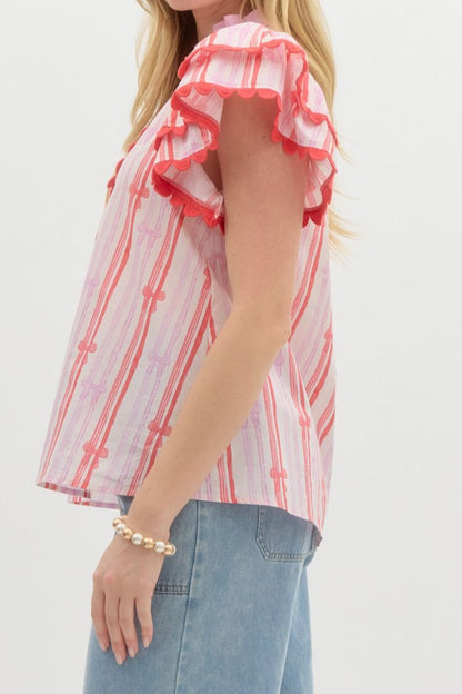 Red & Pink Bow Print Top