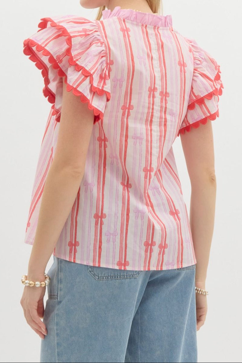 Red & Pink Bow Print Top