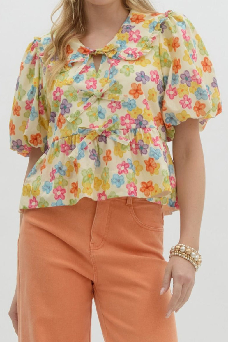 Colorful Floral Bow Detail Top