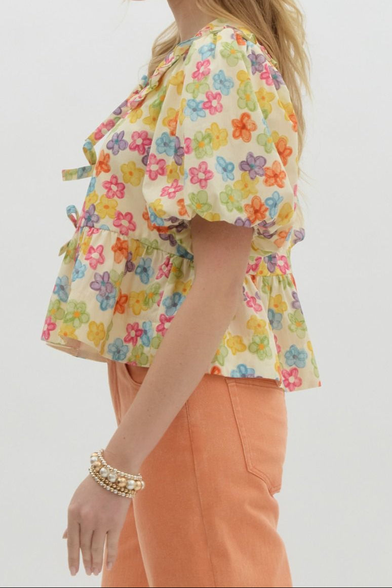 Colorful Floral Bow Detail Top