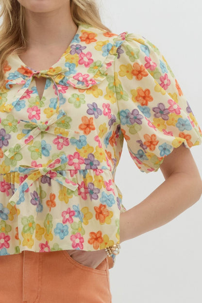 Colorful Floral Bow Detail Top