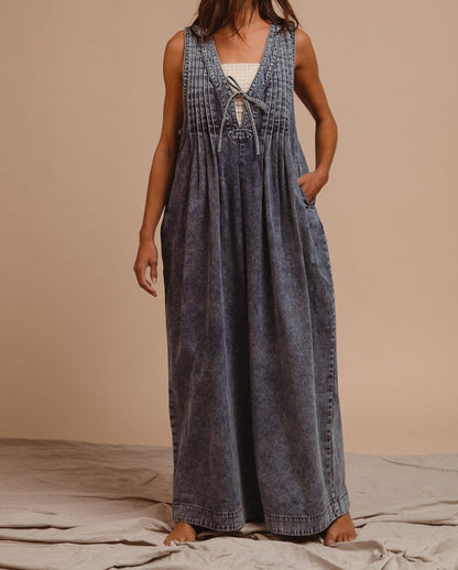 MINERAL WASHED PINTUCK JUMPSUIT WITH SIDE POCKET