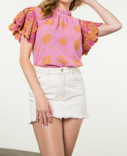 Handmade Flower Embellished Sleeve Top