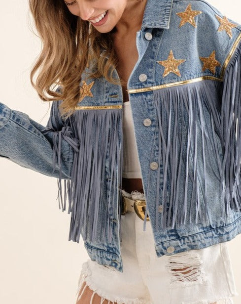 Denim Gold Patch Fringe Western Jacket – Brazos Avenue Market